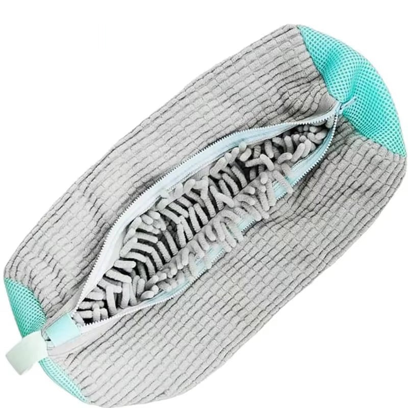PairRevive 360° trainer wash bag in grey, unzipped to show the soft-fibre lining