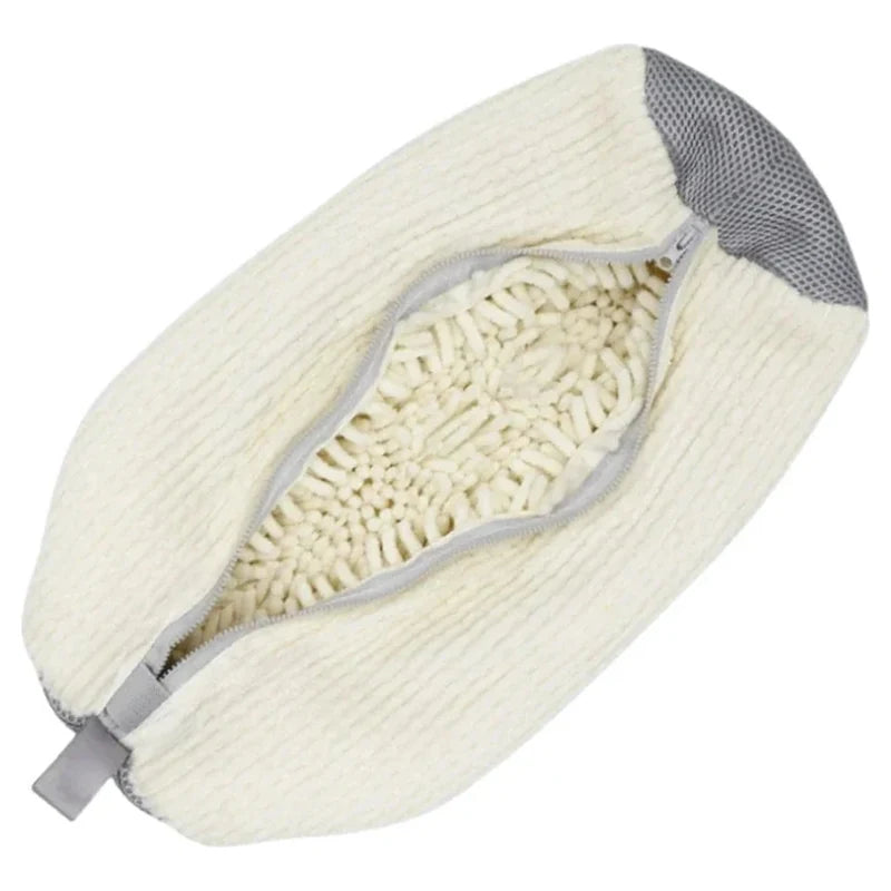 PairRevive 360° trainer wash bag in beige, unzipped to show the soft-fibre lining