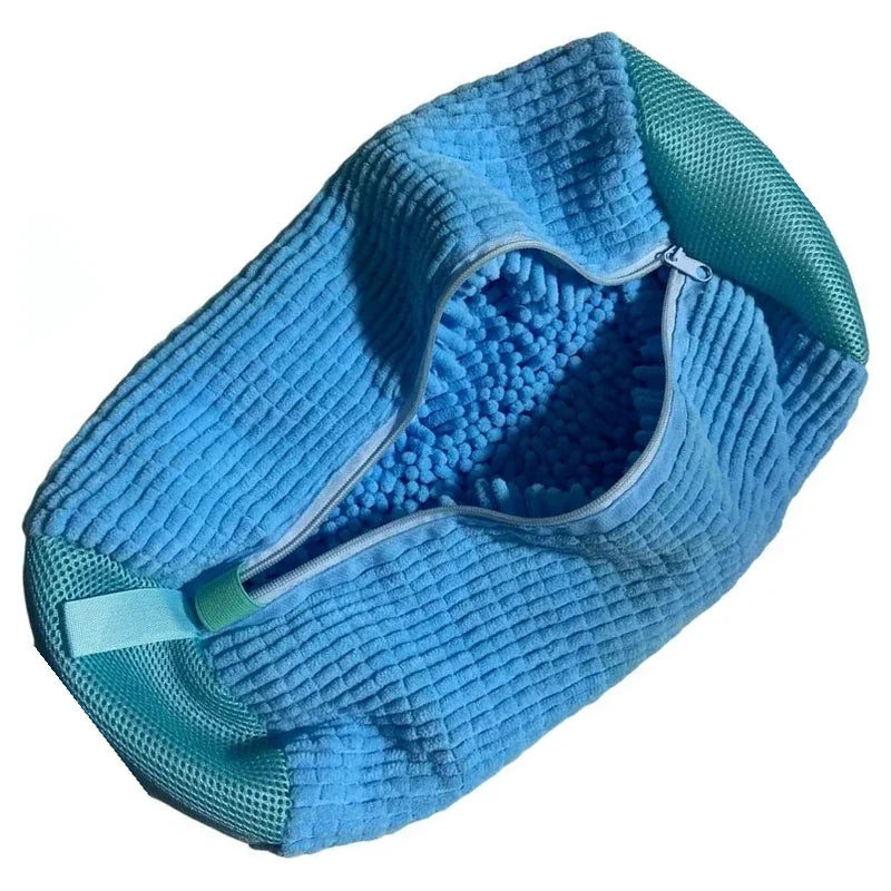 PairRevive 360° trainer wash bag in blue, unzipped to show the soft-fibre lining