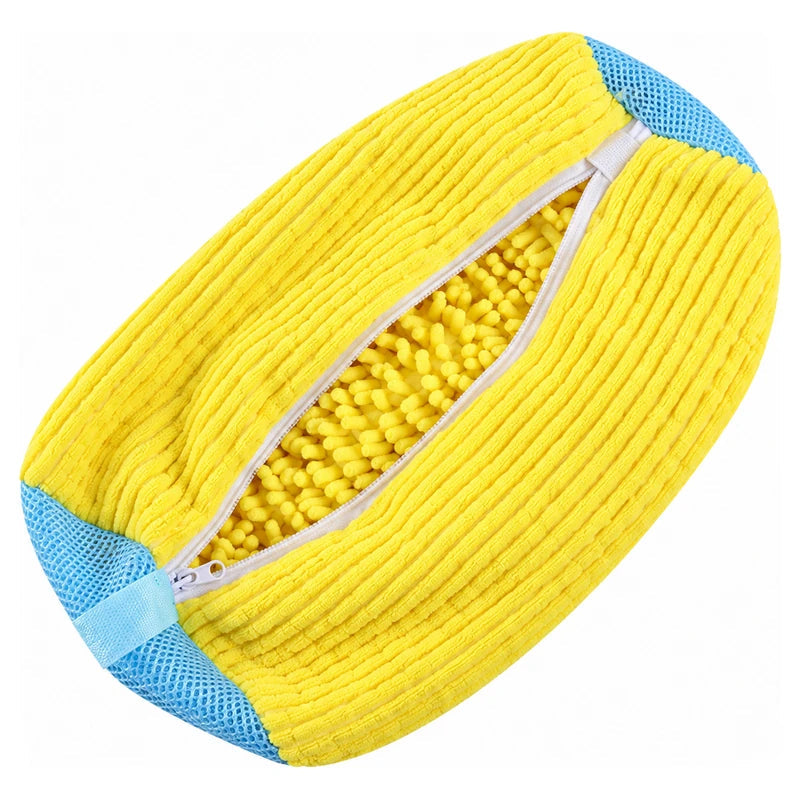 PairRevive 360° trainer wash bag in yellow, unzipped to show the soft-fibre lining