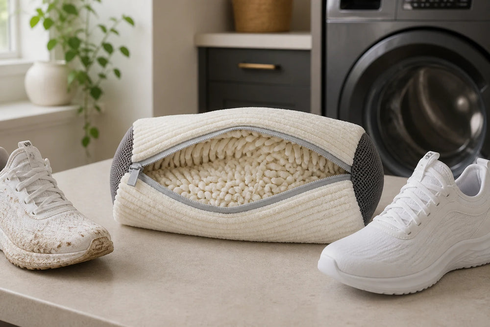 Dirty and clean white trainers beside an open PairRevive wash bag