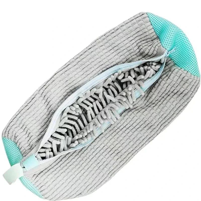 PairRevive trainer wash bag in grey, unzipped to show the soft-fibre lining