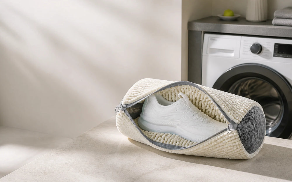 Open white PairRevive trainer wash bag beside a washing machine